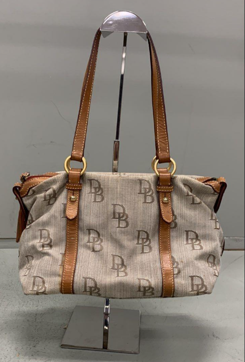 Dooney & Bourke DB Monogram Canvas Satchel Bag Leather Trim Tassel Barrel Shoulder Purse
