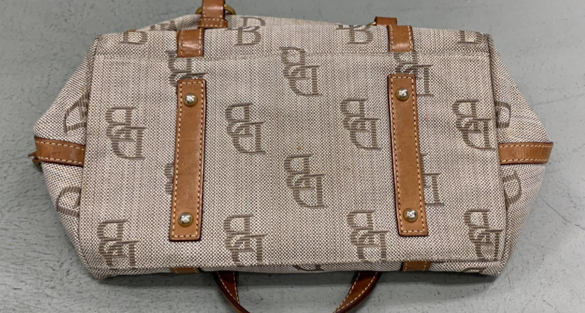 Dooney & Bourke DB Monogram Canvas Satchel Bag Leather Trim Tassel Barrel Shoulder Purse