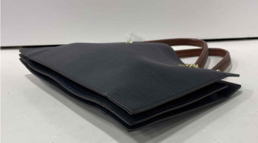 London Fog Navy Blue Leather Tote Bag | Structured Shoulder Handbag Gold Hardware