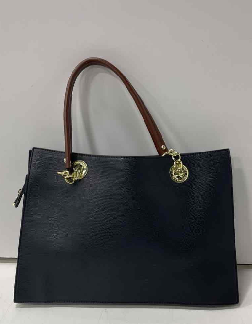 London Fog Navy Blue Leather Tote Bag | Structured Shoulder Handbag Gold Hardware