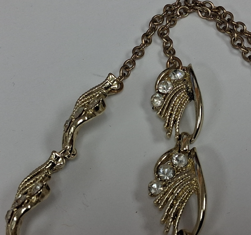 Vintage Gold-Tone Rhinestone Statement Necklace with Leaf Scroll Links | Elegant Mid-Century Style