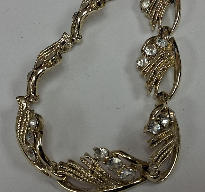 Vintage Gold-Tone Rhinestone Statement Necklace with Leaf Scroll Links | Elegant Mid-Century Style