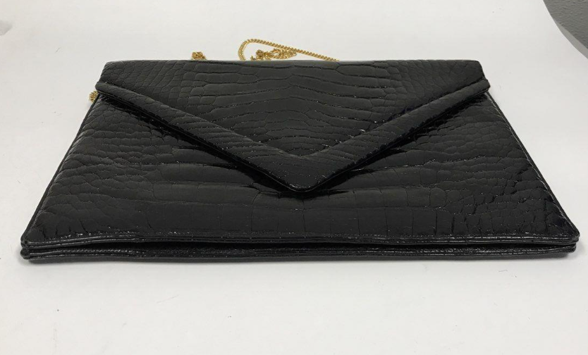 Oscar D'Argent Paris Black Croc Embossed Envelope Clutch | Vintage Gold Chain Shoulder Bag