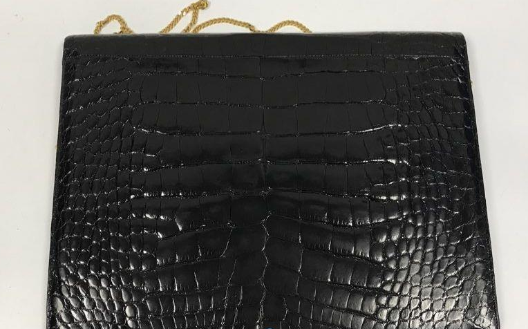 Oscar D'Argent Paris Black Croc Embossed Envelope Clutch | Vintage Gold Chain Shoulder Bag