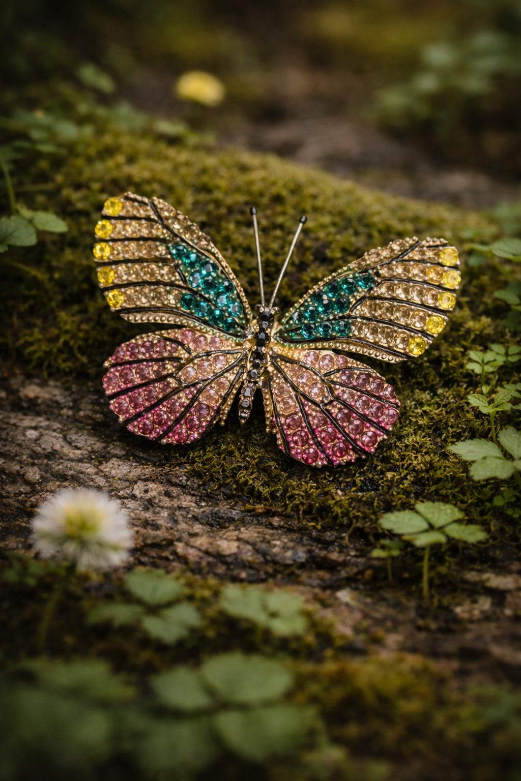 Multicolor Pave Butterfly Brooch Rhinestone Gold-Tone Statement Figural Pin