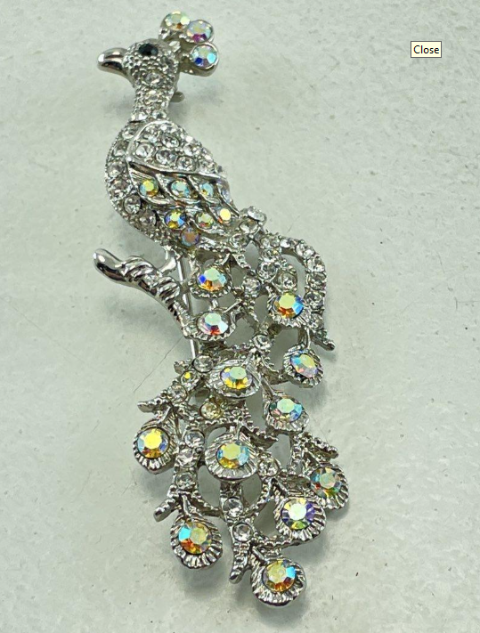 Vintage Clear Rhinestone Peacock Brooch | Silver-Tone Statement Bird Pin