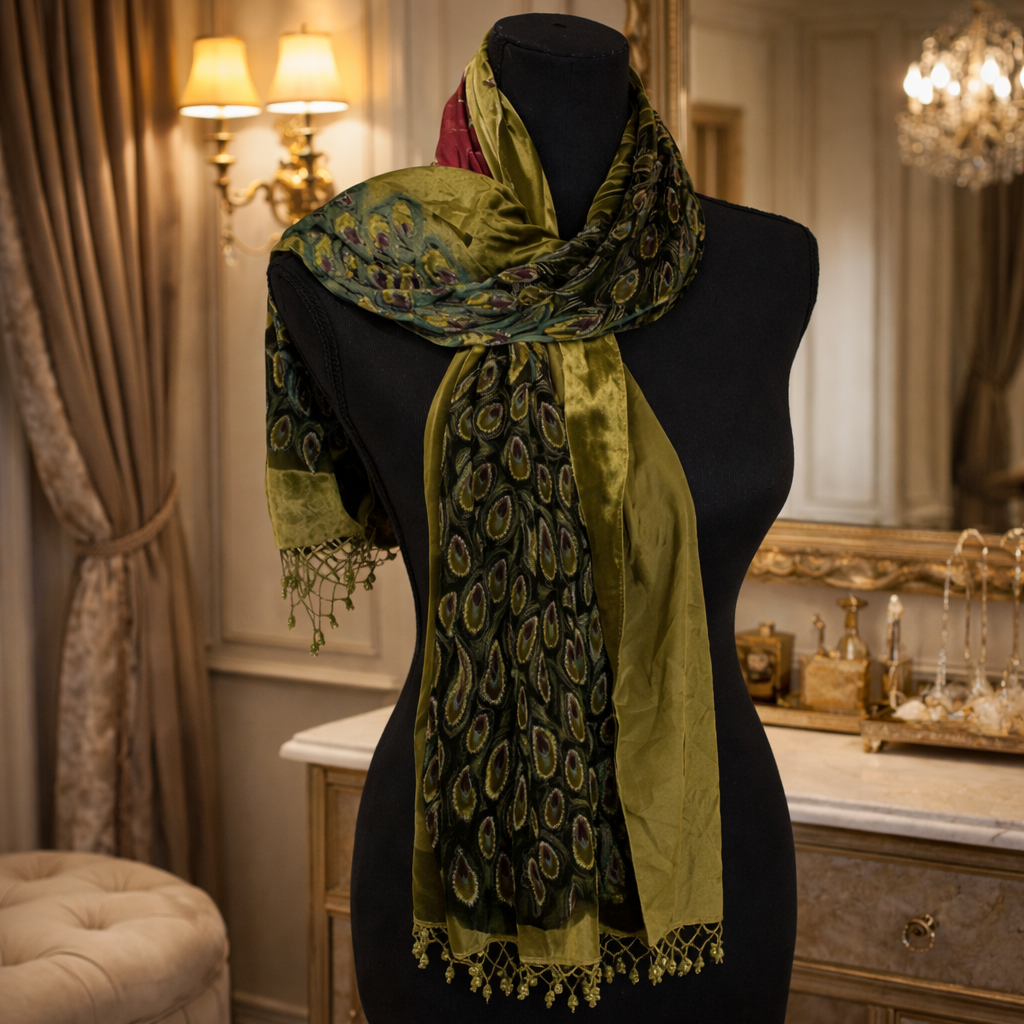 Peacock Motif Scarf Velvet Trim Decorative Wrap Green and Gold Statement Scarf