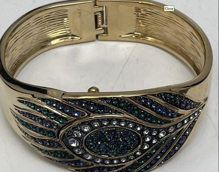 V.W. Beverly Hills Peacock Crystal Cuff Watch Bracelet | Gold-Tone (NOT WORKING FOR Parts or Repair)