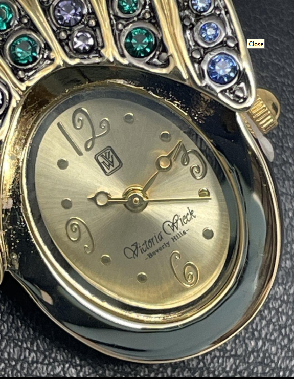 V.W. Beverly Hills Peacock Crystal Cuff Watch Bracelet | Gold-Tone (NOT WORKING FOR Parts or Repair)