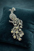 Vintage Clear Rhinestone Peacock Brooch | Silver-Tone Statement Bird Pin