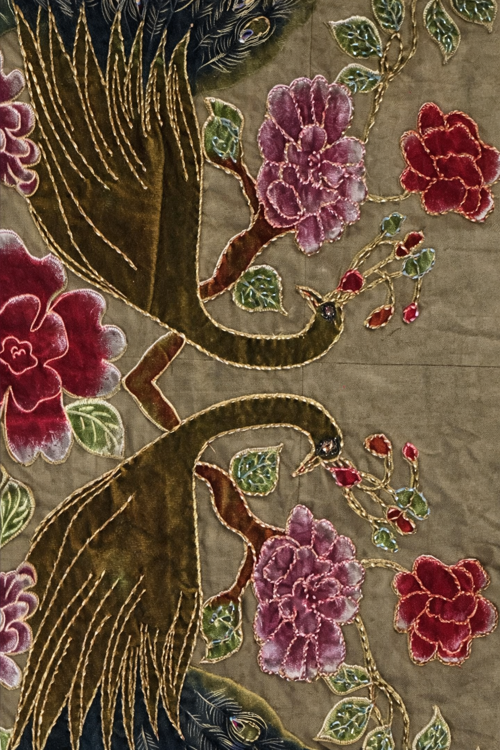 Peacock Motif Scarf Velvet Trim Decorative Wrap Green and Gold Statement Scarf