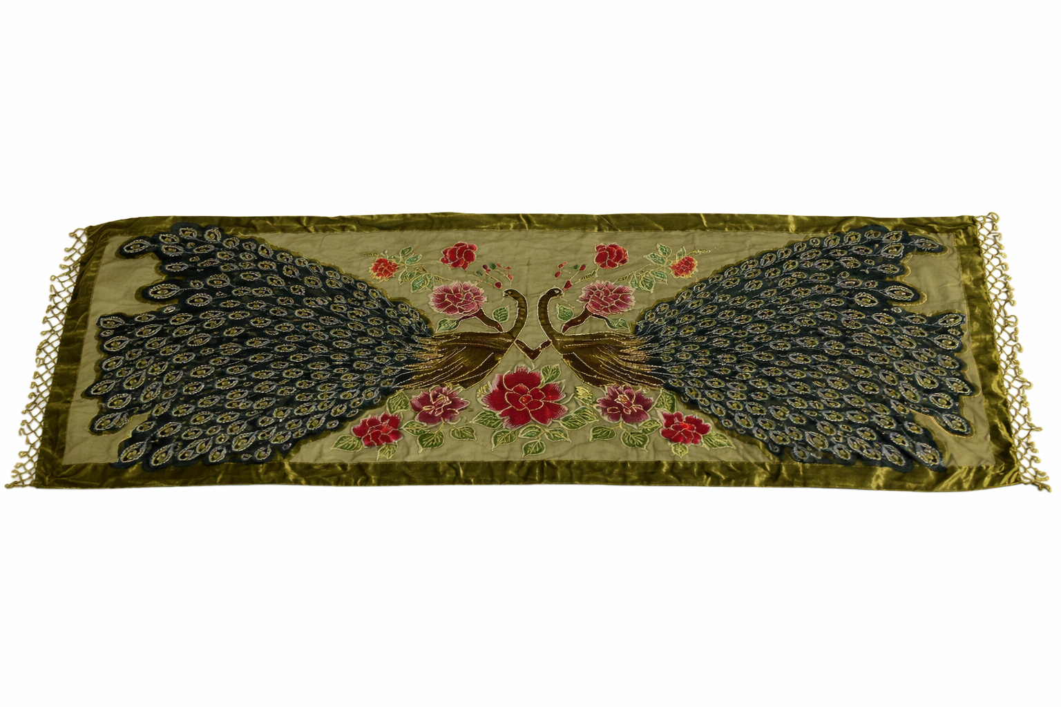 Peacock Motif Scarf Velvet Trim Decorative Wrap Green and Gold Statement Scarf