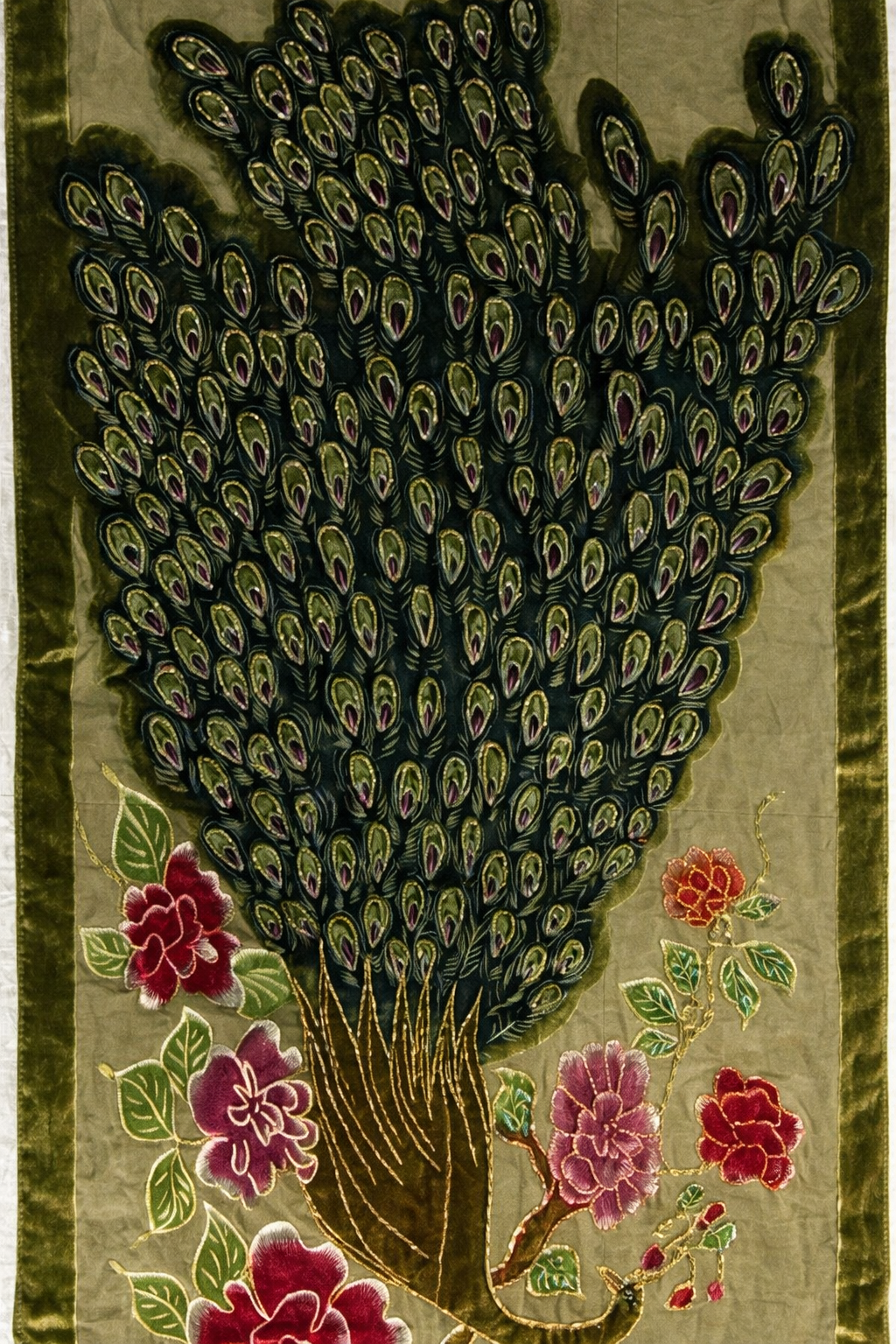 Peacock Motif Scarf Velvet Trim Decorative Wrap Green and Gold Statement Scarf