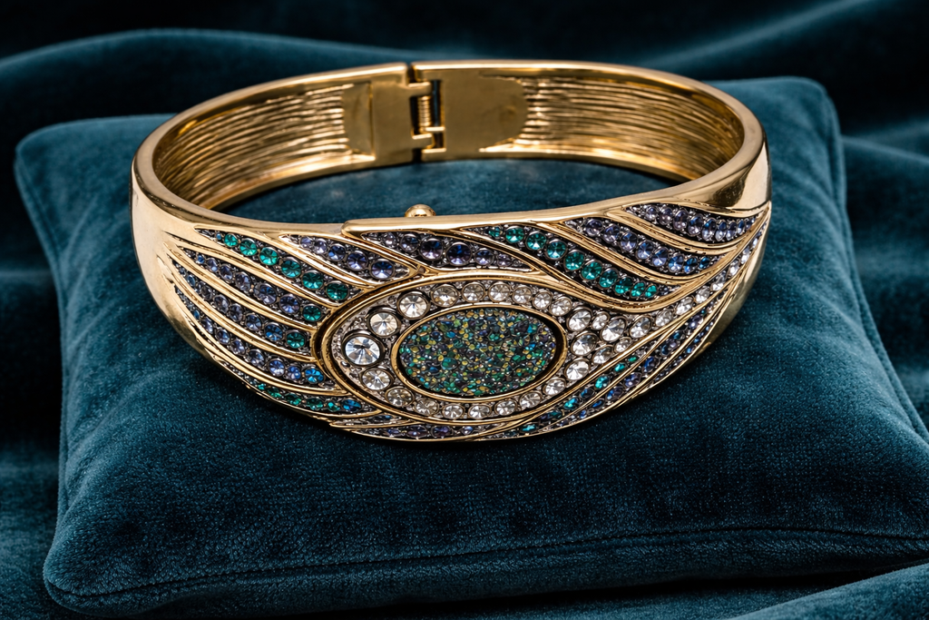 V.W. Beverly Hills Peacock Crystal Cuff Watch Bracelet | Gold-Tone (NOT WORKING FOR Parts or Repair)
