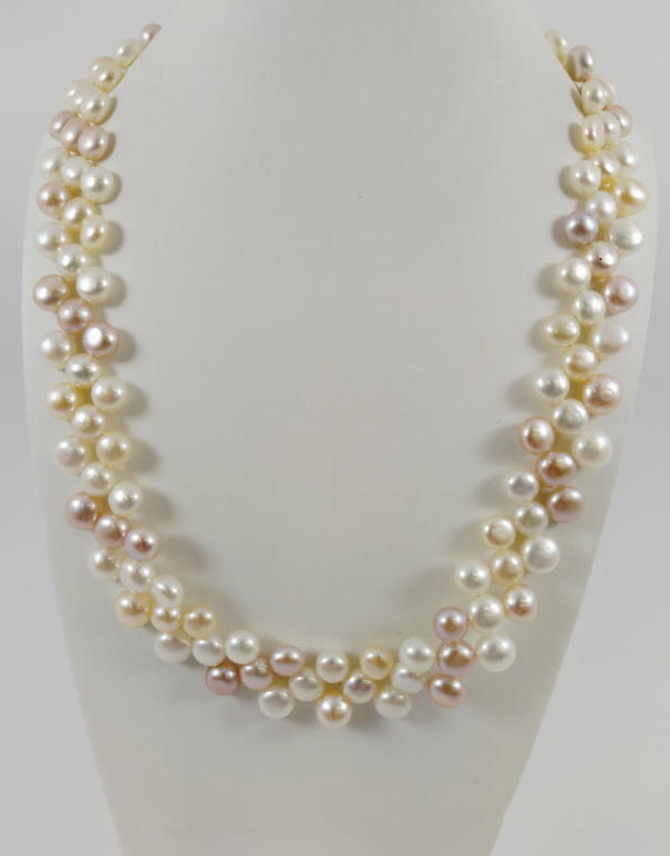 18" Pink & White Freshwater Button Pearl Necklace | Multi-Strand Cluster Statement Necklace