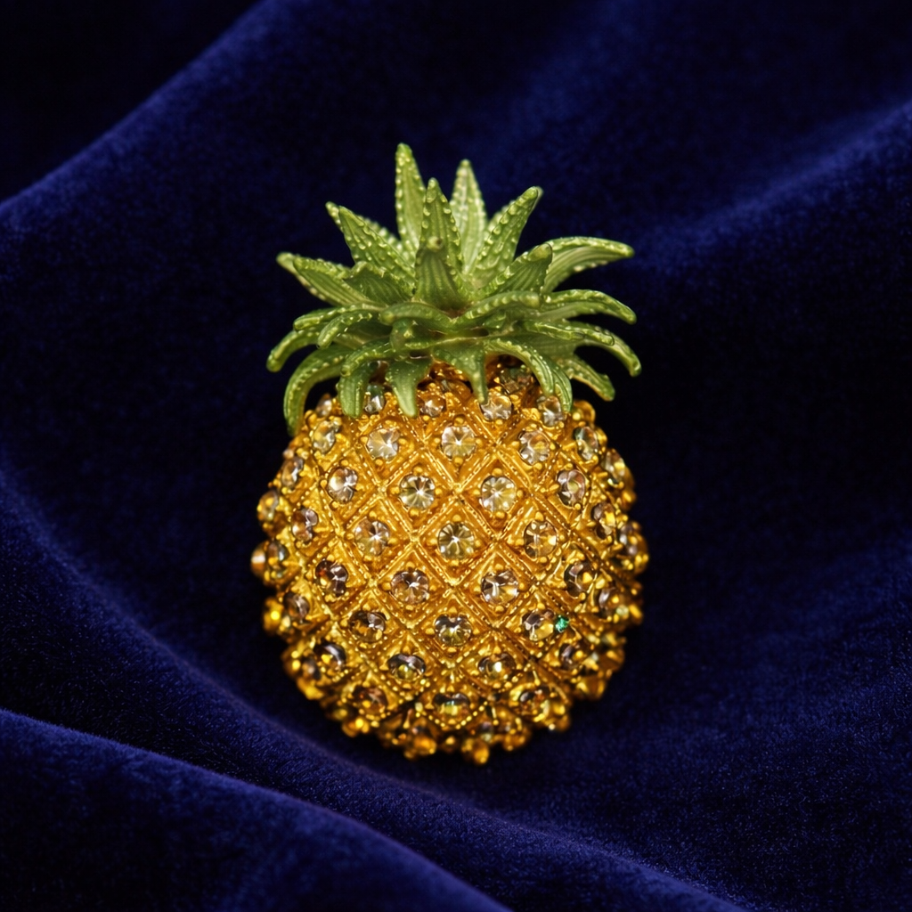 Vintage Rucinni Rhinestone Pineapple Brooch | Gold Tone Pavé Crystal Fruit Pin
