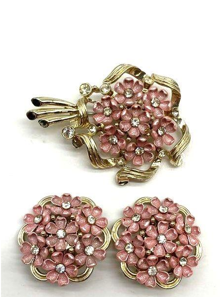 Vintage Coro Pink Enamel Flower Bouquet Demi Parure Brooch and Earrings Rhinestone Set
