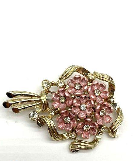 Vintage Coro Pink Enamel Flower Bouquet Demi Parure Brooch and Earrings Rhinestone Set
