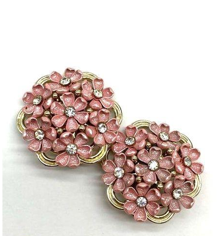 Vintage Coro Pink Enamel Flower Bouquet Demi Parure Brooch and Earrings Rhinestone Set
