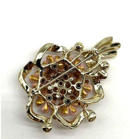 Vintage Coro Pink Enamel Flower Bouquet Demi Parure Brooch and Earrings Rhinestone Set