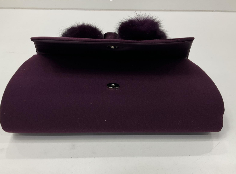 ML Studio Purple Satin Evening Clutch Bag with Pom Pom Detail & Chain Strap | Large Formal Occasion Purse