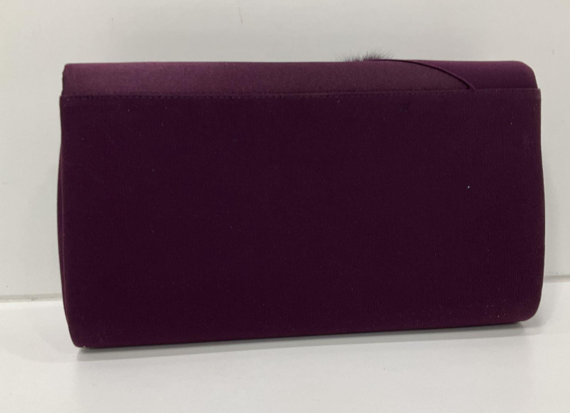 ML Studio Purple Satin Evening Clutch Bag with Pom Pom Detail & Chain Strap | Large Formal Occasion Purse
