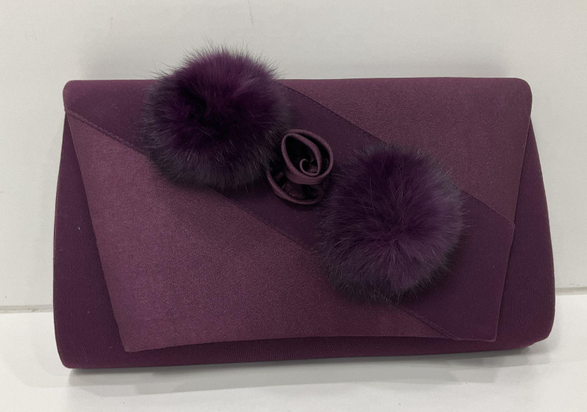 ML Studio Purple Satin Evening Clutch Bag with Pom Pom Detail & Chain Strap | Large Formal Occasion Purse