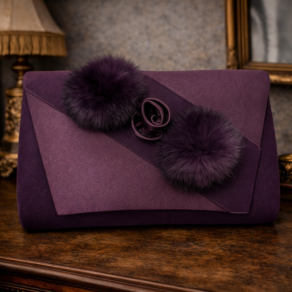 ML Studio Purple Satin Evening Clutch Bag with Pom Pom Detail & Chain Strap | Large Formal Occasion Purse