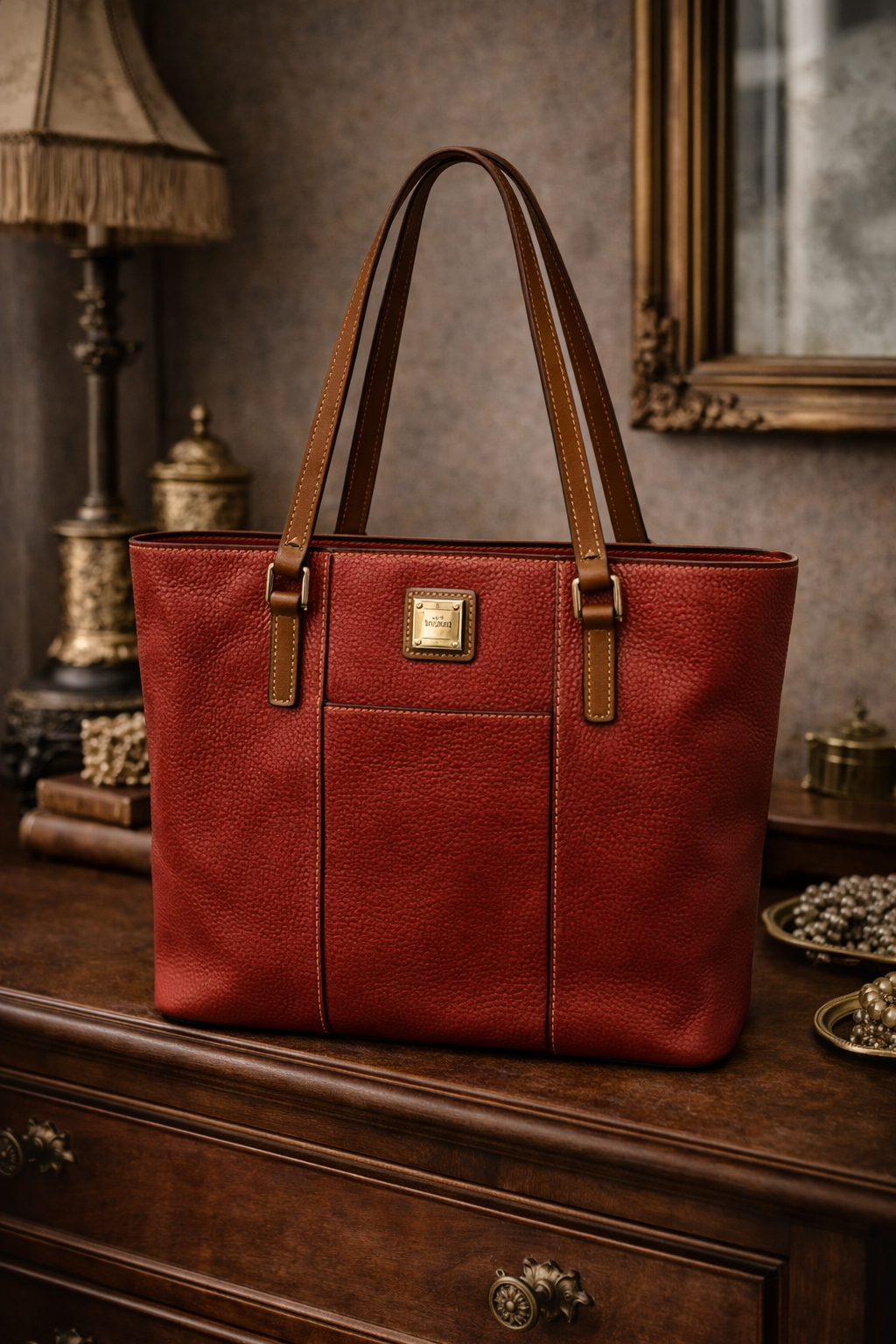 Dooney & Bourke Lexington Pebbled Leather Shopper Tote Red Shoulder Bag
