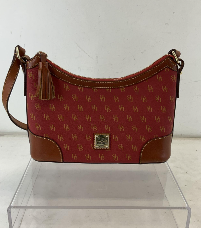 Dooney & Bourke Red DB Monogram Coated Canvas Shoulder Bag with Leather Trim Tassel | Zip Top Signature Purse