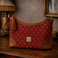 Dooney & Bourke Red DB Monogram Coated Canvas Shoulder Bag with Leather Trim Tassel | Zip Top Signature Purse