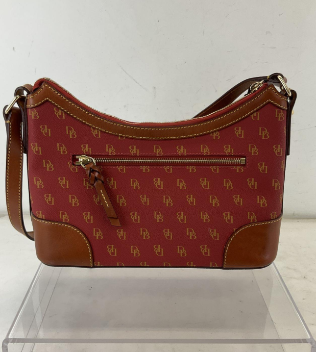 Dooney & Bourke Red DB Monogram Coated Canvas Shoulder Bag with Leather Trim Tassel | Zip Top Signature Purse