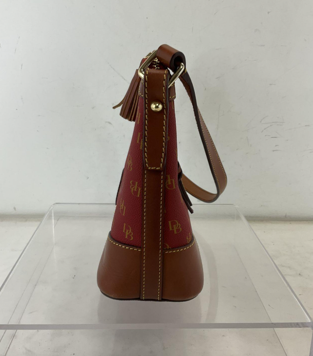 Dooney & Bourke Red DB Monogram Coated Canvas Shoulder Bag with Leather Trim Tassel | Zip Top Signature Purse