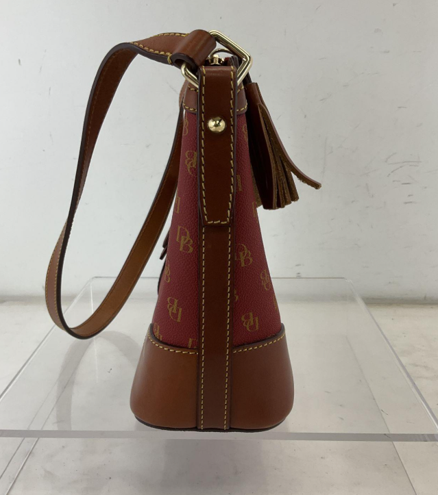 Dooney & Bourke Red DB Monogram Coated Canvas Shoulder Bag with Leather Trim Tassel | Zip Top Signature Purse