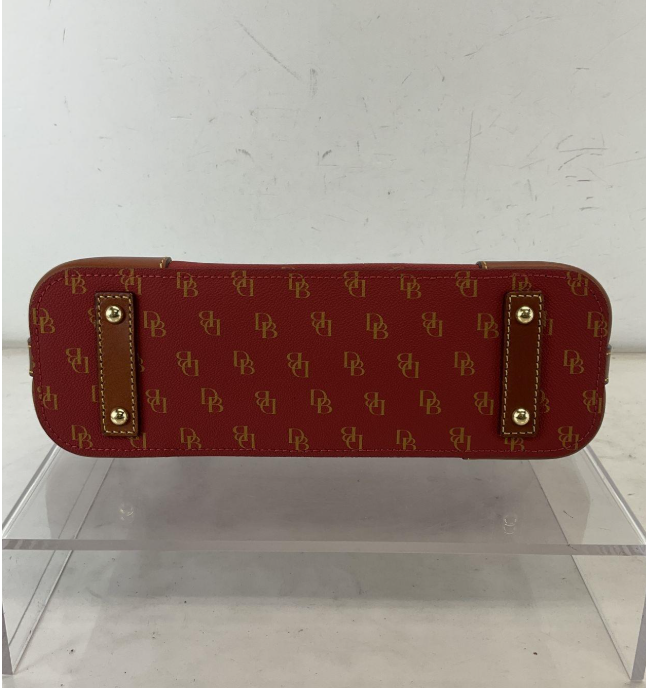 Dooney & Bourke Red DB Monogram Coated Canvas Shoulder Bag with Leather Trim Tassel | Zip Top Signature Purse