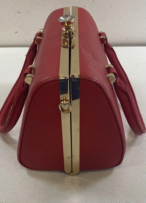 Vintage Style Red Top Handle Box Bag Gold Frame Kiss Lock Handbag Retro Evening