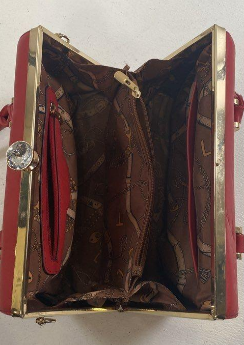 Vintage Style Red Top Handle Box Bag Gold Frame Kiss Lock Handbag Retro Evening