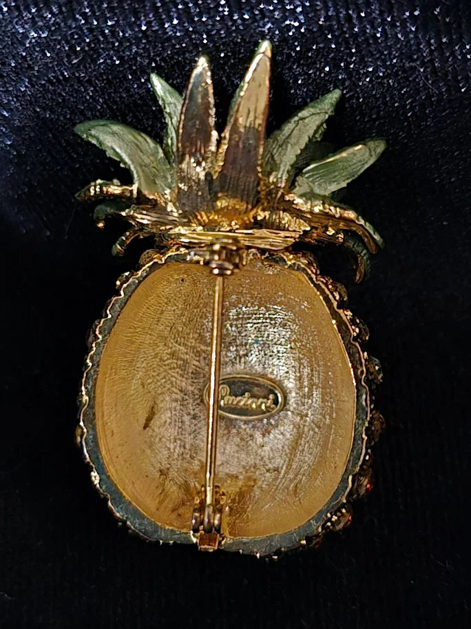 Vintage Rucinni Rhinestone Pineapple Brooch | Gold Tone Pavé Crystal Fruit Pin