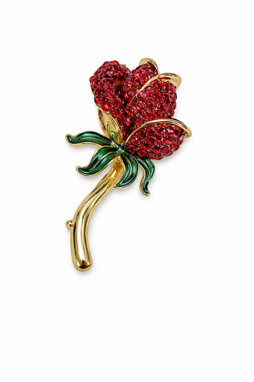 Vintage Monet Gold-Tone Red Rhinestone Rose Brooch with Green Enamel Leaves