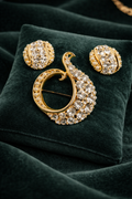 Vintage Gold-Tone Rhinestone and Faux Pearl Swirl Brooch with Matching Clip Earrings Set