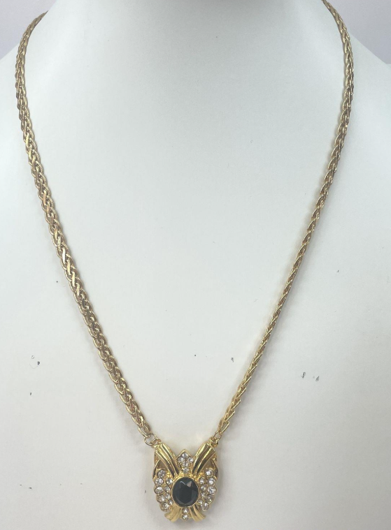 Vintage Gold-Tone Rhinestone Pendant Necklace with Black Cabochon Center