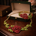 Vintage Red Rhinestone Rose Necklace Bracelet Set Gold Tone Floral Statement Jewelry Designer Inspired