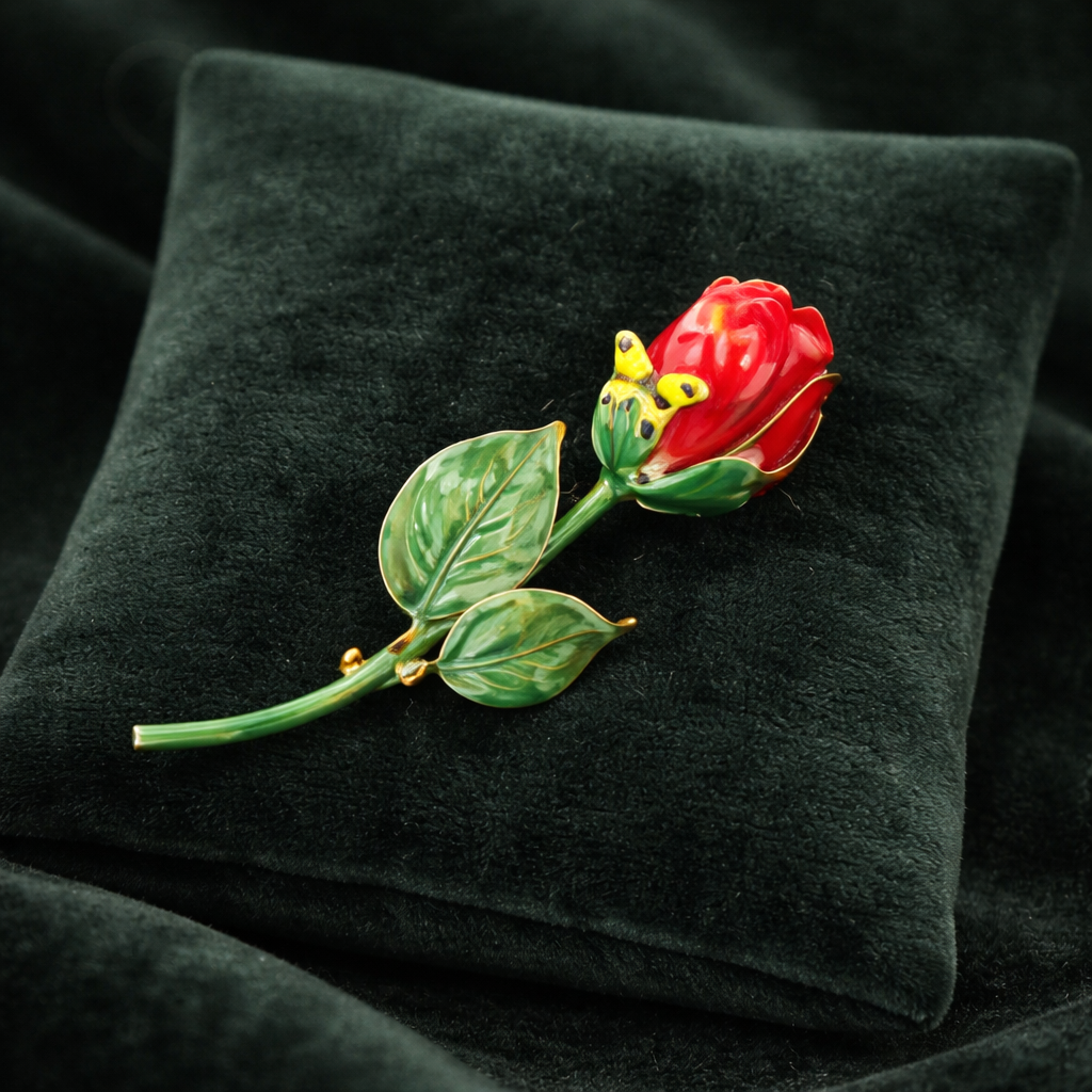 Vintage Red Enamel Rose Brooch with Butterfly, Gold Tone Floral Stem Pin