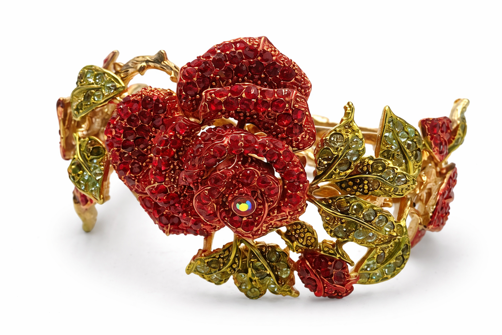 Vintage Red Rhinestone Rose Necklace Bracelet Set Gold Tone Floral Statement Jewelry Designer Inspired