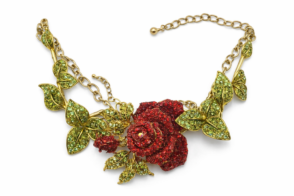Vintage Red Rhinestone Rose Necklace Bracelet Set Gold Tone Floral Statement Jewelry Designer Inspired