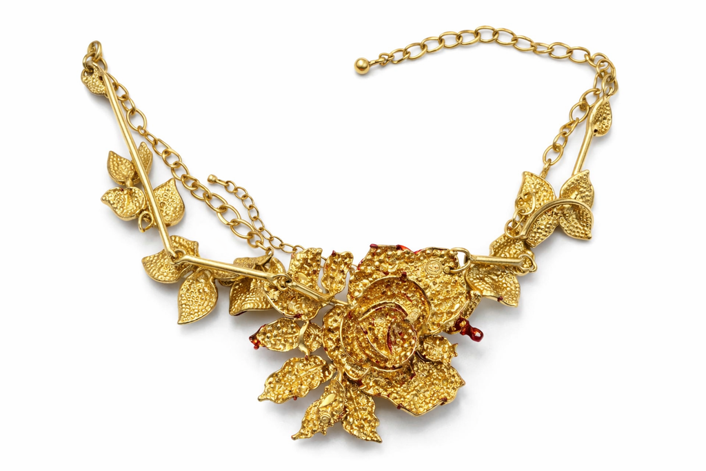Vintage Red Rhinestone Rose Necklace Bracelet Set Gold Tone Floral Statement Jewelry Designer Inspired