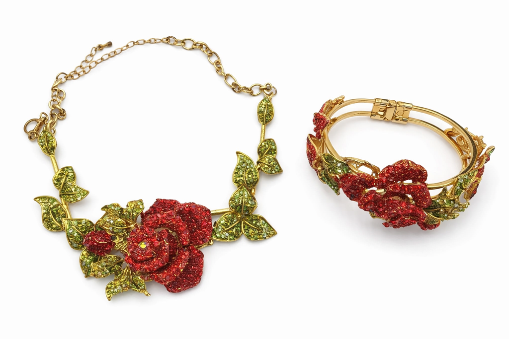 Vintage Red Rhinestone Rose Necklace Bracelet Set Gold Tone Floral Statement Jewelry Designer Inspired