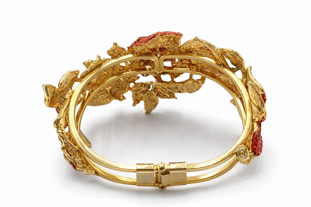 Vintage Red Rhinestone Rose Necklace Bracelet Set Gold Tone Floral Statement Jewelry Designer Inspired