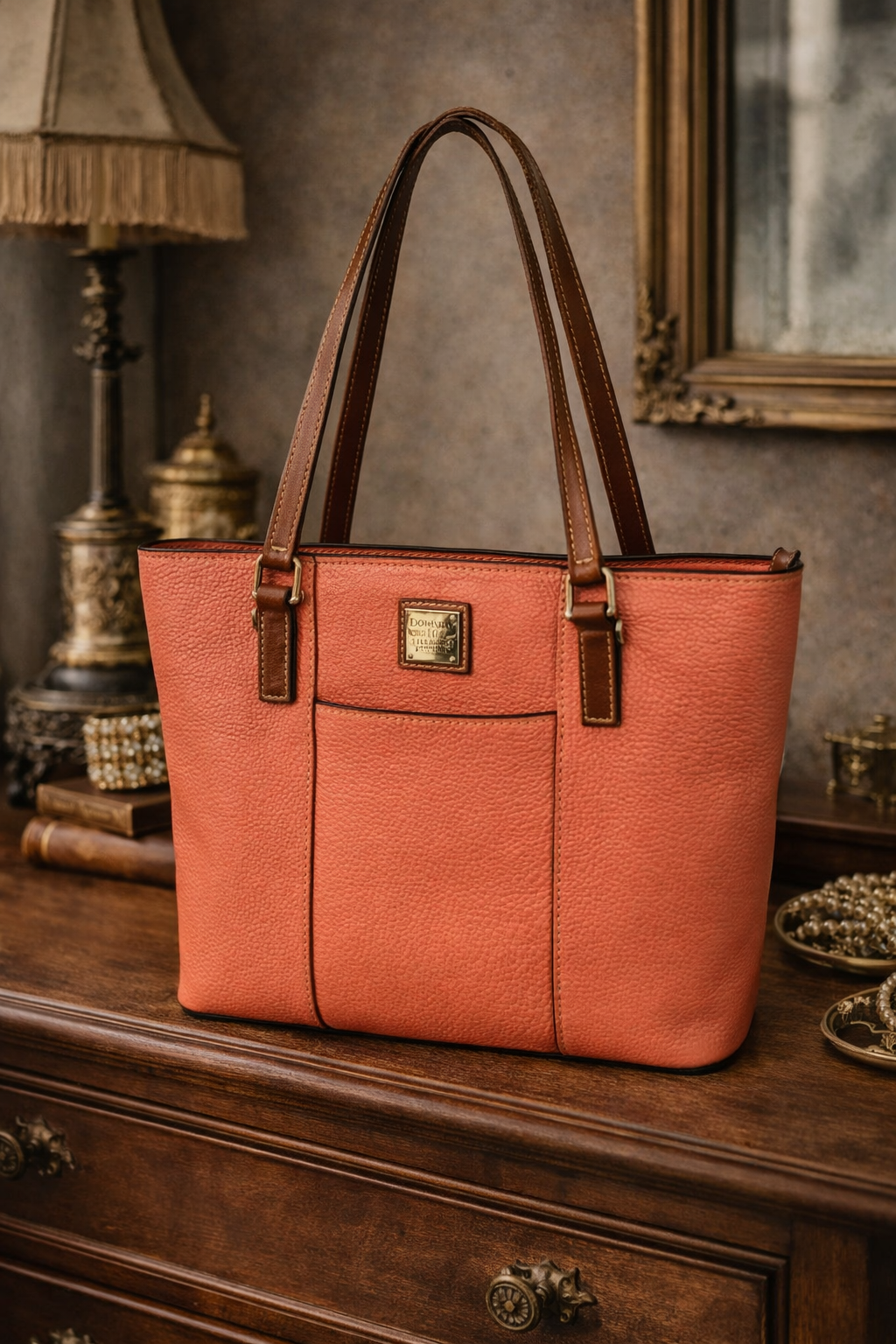 Dooney & Bourke Lexington Pebbled Leather Shopper Tote Salmon Coral Shoulder Bag