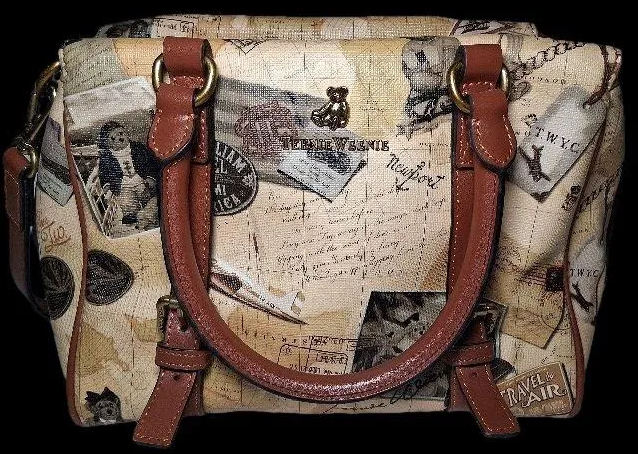 Teenie Weenie Gold Bear Travel Print Satchel Bag with Faux Leather Trim
